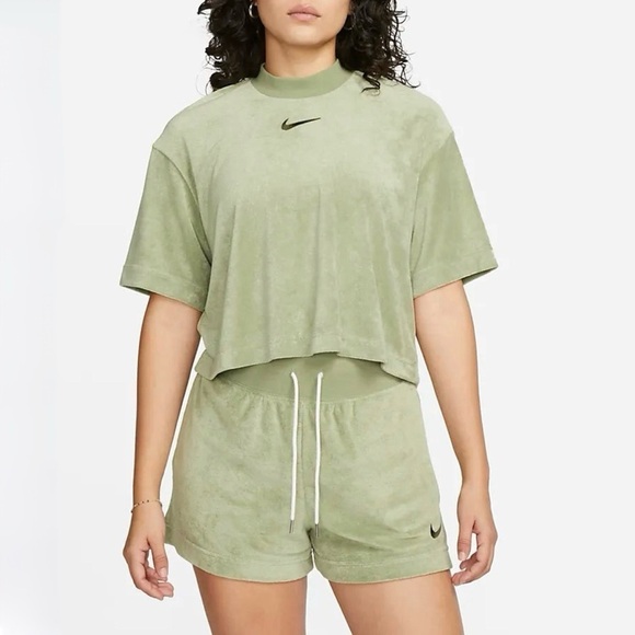 Nike Mock Neck Short Sleeve Terry Top in Oil Green - Picture 1 of 8